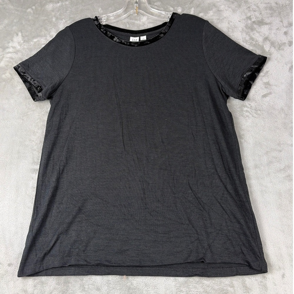 Gap Womens Black Knit Short Sleeve Top Velvet Trim Crew Neck Size M